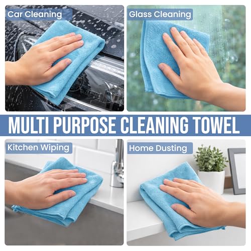 Ameri-Homes Microfiber Cleaning Cloths 12 x 12 Inches, 400 GSM Ultra Soft, Lint-Free & Scratch-Free, Highly Absorbent Towels for Car, Kitchen, Glass & Home Cleaning, Pack of 6 (Blue) - color: Blue