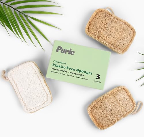 Purle Natural Kitchen Sponges, Eco-Friendly, Compostable Dish Sponges, Loofah & Cellulose Scrubbers, Plastic-Free, Zero-Waste, Biodegradable, Durable, Non-Scratch, Pack of 3