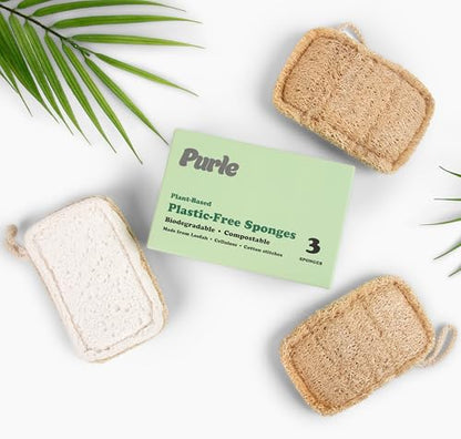 Purle Natural Kitchen Sponges, Eco-Friendly, Compostable Dish Sponges, Loofah & Cellulose Scrubbers, Plastic-Free, Zero-Waste, Biodegradable, Durable, Non-Scratch, Pack of 3