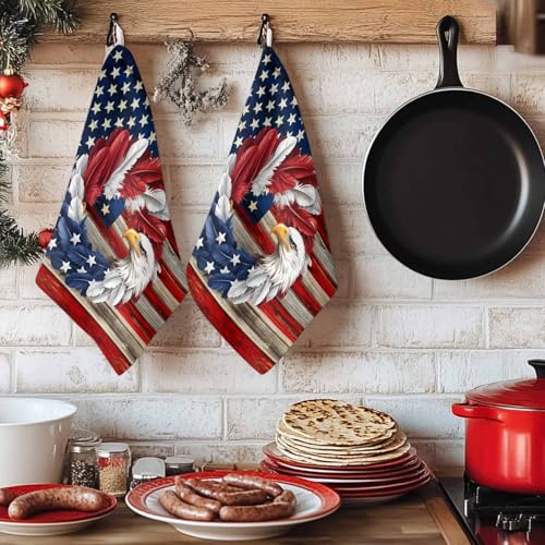 American Flag Kitchen Towels Set of 2, Ultra Absorbent Dish Towels Quick Drying Microfiber Hand Towel Decorative Blue Red USA Flag Eagle Wreath Tea Towel Dishcloths for Kitchen Cleaning 18"x28" - size: 2 Pack