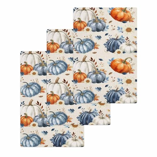 Fall Blue Orange Pumpkin Hand Towels Set,Waffle Weave Kitchen Towels 3 Pieces,Autumn Thanksgiving Retro Leaf Microfiber Hair Face Bath Tea Towel Absorbent Quick Drying Cleaning Dish Cloths,15.7"x23.6" - color: Blue Biscotti Beige, size: 3PCS,15.7"x23.6"
