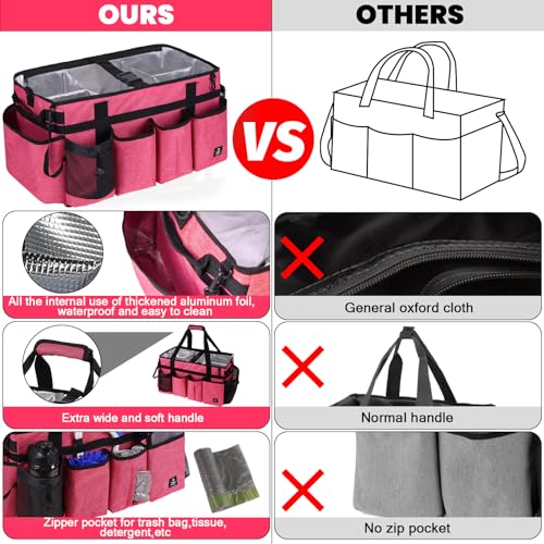 Extra large Cleaning Caddy Bag Built-in Sturdy Support Board, Cleaning Organizer with Detachable Divider, Cleaning Supply Tote with Adjustable Shoulder Strap (Pink, 19'' x 11'' x 11'') - color: Pink
