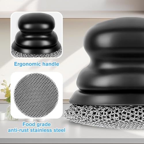 Cast Iron Scrubber (1Pack Black Coarse Mesh + 1Pack Black Fine Mesh) and and Scraper, Chain Mail Scrubber for Cleaning Stock Pots, Pans, Griddles, Grills, Cast Iron Skillets, Dish Scouring Pads - color: Black Coarse Mesh + Black Fine Mesh