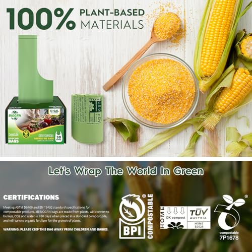 10-13 Gallon Compostable Trash Bags with Handles Tie 30 Bags Biodegradable Garbage Bags Food Scrap Green Waste Bags Thick 0.87 Mil 49.21 Liter ASTM D6400, US BPI and OK Compost Home Certified - color: 13 Gal, Handles Bags, 30 Count