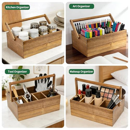 VaeFae Acacia Silverware Caddy with Handle, Wooden Utensil Holder, Mulip-pose Organizer for Kitchen, Office, Bathroom, Bedroom (Large, 5 compartments) - size: Large, 5 compartments