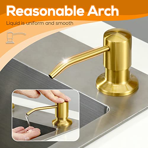 Gold Soap Dispenser for Kitchen Sink, Built in Dish Soap Dispenser Brushed Gold Stainless Steel Pump Head, Counter Soap Lotion Dispenser Refill from The Top with 17 Oz PE Bottle - color: Brushed Gold