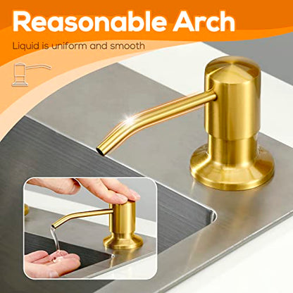 Gold Soap Dispenser for Kitchen Sink, Built in Dish Soap Dispenser Brushed Gold Stainless Steel Pump Head, Counter Soap Lotion Dispenser Refill from The Top with 17 Oz PE Bottle - color: Brushed Gold