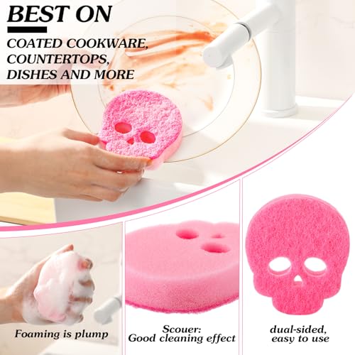 Tioncy 12 Pack Skull Kitchen Sponges Bulk Gothic Dual Sided Scrubber Pink Black White Skull Sponges Reuseble Non Scratch Dishwashing Kitchen Cleaning Accessories for Cookware Pot Boiler Pan Household - color: Black, White, Pink, style: Skull