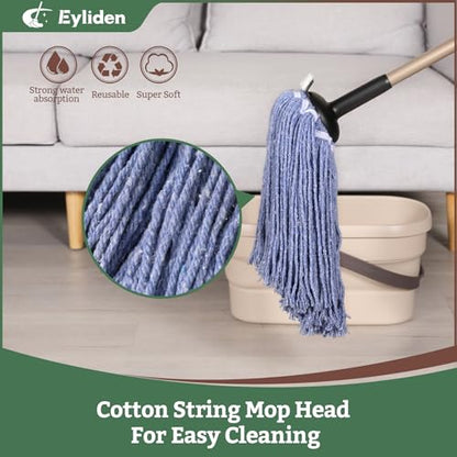 Eyliden Mop for Home & Commercial, Kitchen, Garage, Office Floor Cleaning | Non-Touch Replacement, Heavy Duty, 2 Reusable Cotton Heads, 4 Scouring Pads, Industrial Wet & Dry Mops