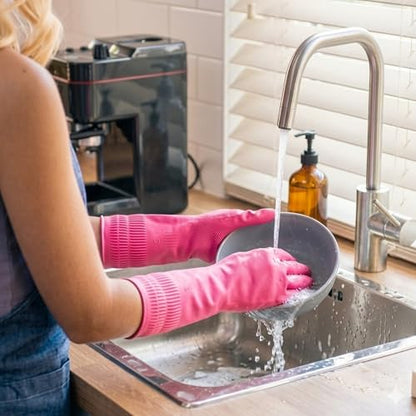 Rubber Dishwashing Gloves, 3 Pairs, Reusable Cleaning Dish Gloves for Kitchen, Non-Slip, Waterproof Dish Washing, Long Cuff for Woman (Red+Pink+Green, Large)