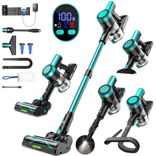 Cordless Vacuum Cleaner, 58Kpa 10 in 1 Vacuum Cleaners for Home, 55Mins Stick Vacuum with Self-Standing & LED Display, Anti-Tangle & Wall Mount Charging (Cyan) - color: Cyan