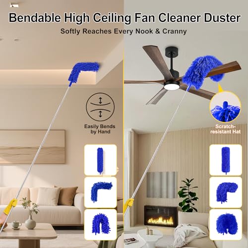 Tiumso Dusters for Cleaning,Microfiber Feather Duster 5-in-1 Kit, Duster with Extension Pole 100 Inches, Cobweb Duster, Microfiber Dusters for High Ceilings and Fans, Blinds and Cars - color: Blue