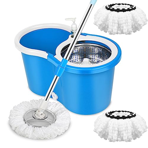 Spin Mop and Bucket Set, Mop and Bucket with Wringer Set, 360°Spin Mop Kit with 2 Extra Microfiber Mop Replacement Heads, Spinning Mop Bucket System for Floor Cleaning (Blue) - color: Blue