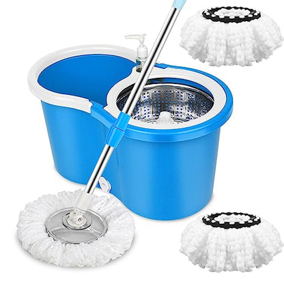 Spin Mop and Bucket Set, Mop and Bucket with Wringer Set, 360°Spin Mop Kit with 2 Extra Microfiber Mop Replacement Heads, Spinning Mop Bucket System for Floor Cleaning (Blue) - color: Blue