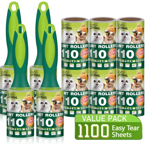 Extra Sticky Lint Rollers for Pet Hair, 1100 Sheets Total, Upgraded 4 Handles with 10 Refills Portable Travel Size for Couch Furniture Clothes Dog & Cat Hair Remover