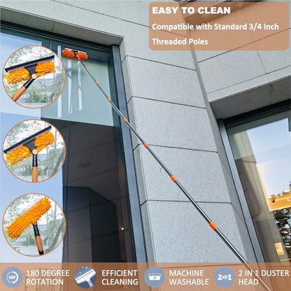 2 in 1 Window Washing Squeegee & Duster with 2 Pad Compatible with Standard 3/4 Inch Threaded Poles for Home Indoor Outdoor Window Washing/Duster Head Only (Orange)