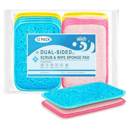 12 Pack Scrub & Wipe Cloths, Dual-Sided Sponges for Kitchen, All-Purpose Cloth for Dishes, Pots, Pans, Non-Stick Cookware, Countertops (Red, Yellow, Blue) - color: Multicolor