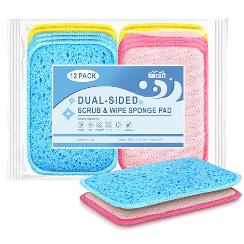 12 Pack Scrub & Wipe Cloths, Dual-Sided Sponges for Kitchen, All-Purpose Cloth for Dishes, Pots, Pans, Non-Stick Cookware, Countertops (Red, Yellow, Blue) - color: Multicolor