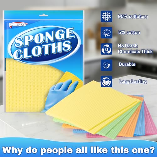10 Pack Swedish Dishcloths, Natural Cellulose & Cotton Cleaning Cloths, Reusable, Washable & Super Absorbent for Kitchen and Bathroom