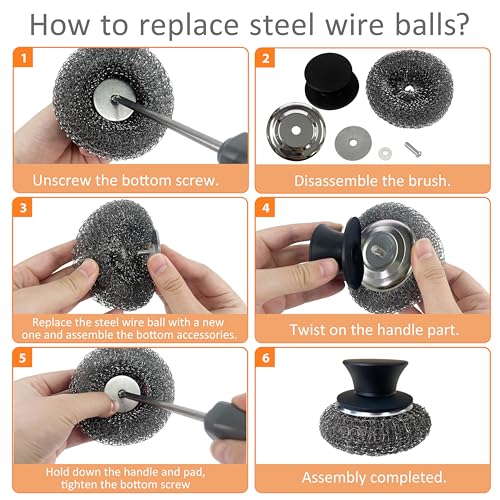 8Pcs Stainless Steel Wool Scrubber with 2 Silicone Handles, Scouring Brush for Cleaning Dishes, Pots, Pans, Grills, and Sinks(Black)