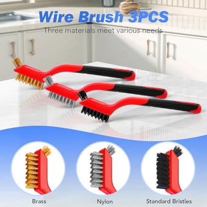 Wire Brush Set, 3 Pcs Stainless Steel/Brass/Nylon Wire Brushes for Cleaning with Curved Handle Grip for Rust Removal, Dirt, Paint Scrubbing(Red) - style: Red-3pcs