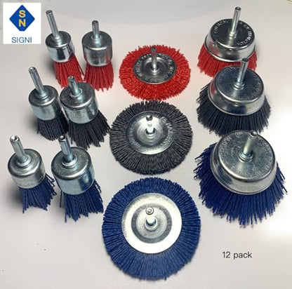 Signi 12 Pack Nylon Bristle Filament Abrasive Brush Drill Wheel and Cup Brush Set with 1/4 Inch Shank, Surface prep Remove Rust/Corrosion/Paint (3" Wheel, Straight Shank) - style: 3" wheel