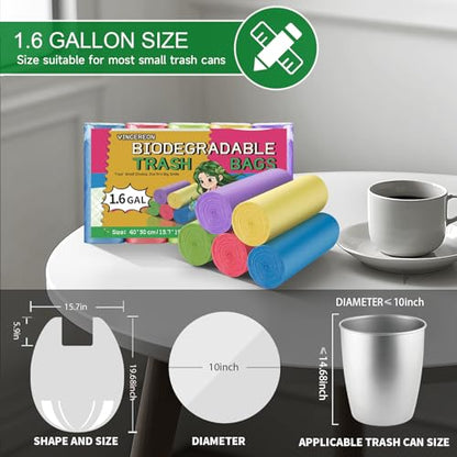 1.6 Gallon Small Trash Bags With-Handles - Colorful Biodegradable Bathroom Mini Garbage Bags（Fit 1.3-1.5Gal）6 Liter 200 Count Unscented Little Wastebasket Liners For Car Office Kitchen Vincereon - color: 1.6 gal Colorful 200