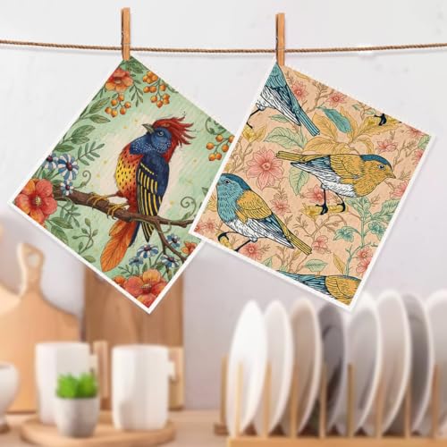 2 Pcs Colorful Bird Swedish Dishcloths for Kitchen, Absorbent Reusable Paper Towels for Countertop & Dish Cleaning, Aesthetic Songbird Cellulose Sponge Cloths, Nature Lover Gifts for Women - color: Sz 1395