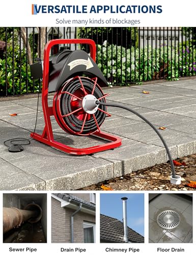 Garvee Drain Cleaner Machine 75FT x 1/2 Inch Steel Core Cable Portable 370W Electric Drain Cleaning Machine With Sewer Auger, Cutter, Air-activated Foot Switch, for Commercial, Home
