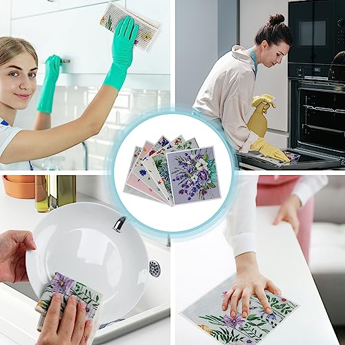 Swedish Kitchen Dish Cloths - 6 Pack Reusable Paper Towels for Counters & Dishes - Eco Friendly Cellulose Sponge Cloth (Flower) - color: L-flower