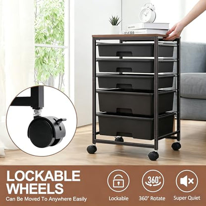 SYKIARIOL 5-Tier Rolling Utility Storage Drawer Craft Cart on Wheels with Wooden Tabletop, Mobile Craft Storage Drawer Cart Trolley for Home Office, Classroom, Craft Room & Kid Room, Black - color: Black