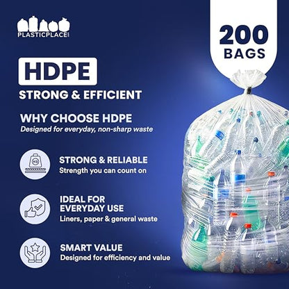 Plasticplace W55HDC1 55-60 gallon Trash Bags │ 12 Microns │ Clear High Density Garbage Can Liners │ 36” x 60” (200Count)