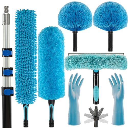 25 Foot Fan Cleaner High Ceiling 2 Cobweb Dusters with Heavy Duty Extension Pole, Window Squeegee Kit, Household Cleaning Gloves(18ft) - size: 18ft