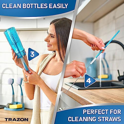 Dish Brush Set of 5 with Convenient Holder, Bottle Water Brush, Dish Scrub Brush, Scrubber Brush and Straw Brush - Kitchen Scrub Brushes Non Slip Long Handle for Sink Dishes Cup Pot - color: Blue, Set of 5 With Holder
