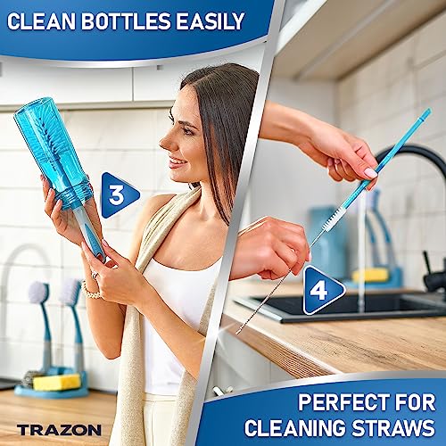 Dish Brush Set of 5 with Convenient Holder, Bottle Water Brush, Dish Scrub Brush, Scrubber Brush and Straw Brush - Kitchen Scrub Brushes Non Slip Long Handle for Sink Dishes Cup Pot - color: Blue, Set of 5 With Holder