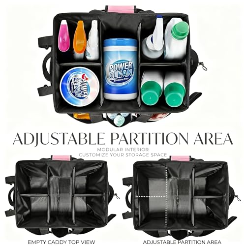 Wearable Cleaning Caddy Organizer with Handle & Adjustable Shoulder Strap 4 Foldable Compartments, Cleaning Supplies Caddy for Housekeepers, Car, Home, Hotel & Outdoor Cleaning Bag（Pink）