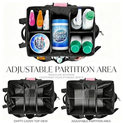 Wearable Cleaning Caddy Organizer with Handle & Adjustable Shoulder Strap 4 Foldable Compartments, Cleaning Supplies Caddy for Housekeepers, Car, Home, Hotel & Outdoor Cleaning Bag（Pink）
