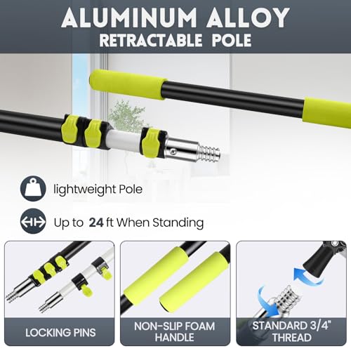 【Upgrade Anti Rotation 】 30FT High Reach Duster Kit,(18FT+6FT) Lightweight Aluminum Alloy Extension Rod,7-Piece Set,210° Steering Head Clean Various Angle,for Cleaning Ceiling,High Wall - size: 25FT