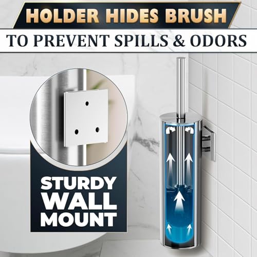 Silver Modern Toilet Brush and Holder Set with Wall Mount - Stainless Steel Toilet Brush with Holder - Removable Inner Bowl, Shiny Design, Splash Protection & Dense Bristles for Bathroom Cleaning - color: Silver Wall-mounted