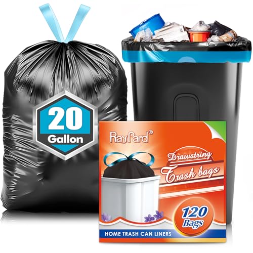 20 Gallon Large Drawstring Trash Bags 120 Counts, Fit 20-21 Gal Trash Can, Heavy Duty Tall Kitchen Garbage Liners, Large Trash Bags Size Chart for Home/Office, Outdoor Lawn & Leaf Bags, Black - style: 120-20 Gallon-Black