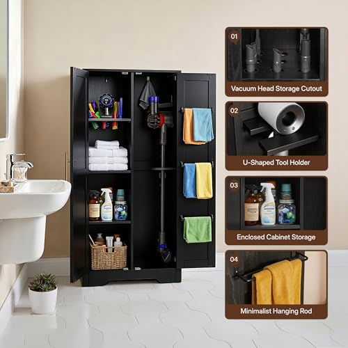 NORTHSKY Wooden Storage Cabinet, Broom Closet & Vacuum Cleaner Storage Compatible with Dyson Vacuum, Utility Cabinet for Brooms and Mops, Cleaning Tool Cabinet w/Doors for Garage, Office, Home (Black)