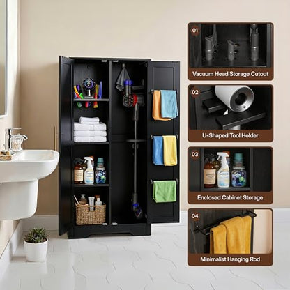 NORTHSKY Wooden Storage Cabinet, Broom Closet & Vacuum Cleaner Storage Compatible with Dyson Vacuum, Utility Cabinet for Brooms and Mops, Cleaning Tool Cabinet w/Doors for Garage, Office, Home (Black)