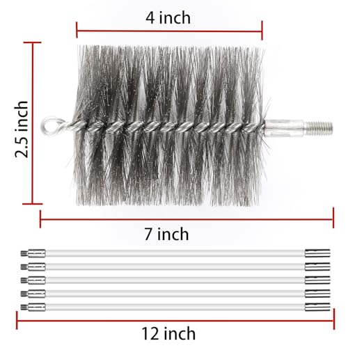 50-inch Long Tent Wood Burning Stove Pipe Cleaning Brush with Stainless Steel Bristles, and Chimney Cleaning Wire Brush with 4 Flexible Rods, 2.5'' Brush Heads - size: 2.5IN