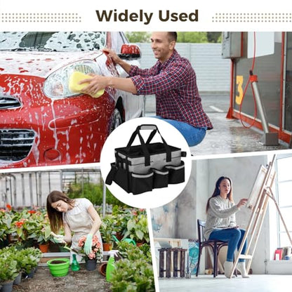 Wearable Cleaning Caddy Bag, Large Housekeeping Supply Organizer with Adjustable Shoulder Strap, Waist Strap and Handle, 600D Oxford Cleaning Tote with Dividers for Kitchen, Car Detailing, Black Gray