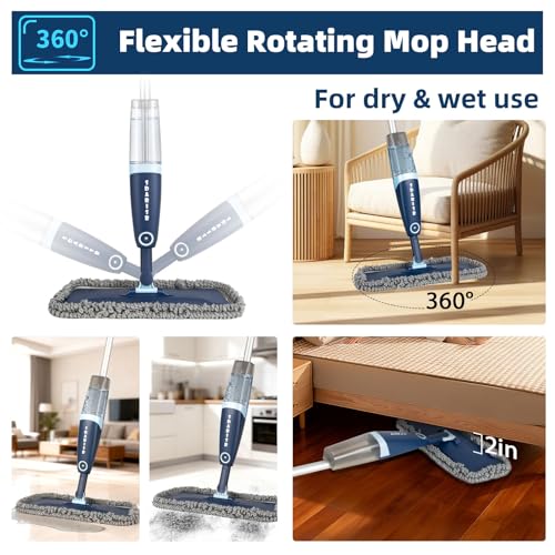 DARIS Spray Mop for Floor Cleaning Microfiber Mop for Wet and Dry Use with 52.3in Long Pole, 20 FL.OZ. Large Capacity, 4 Reuseable Pads for Wall, Hardwood, Vinyl, Laminate, Ceramic, Tile Cleaning Tool