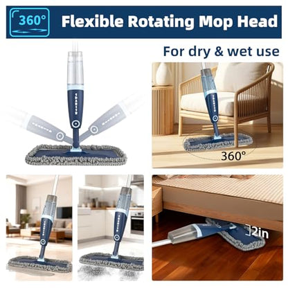 DARIS Spray Mop for Floor Cleaning Microfiber Mop for Wet and Dry Use with 52.3in Long Pole, 20 FL.OZ. Large Capacity, 4 Reuseable Pads for Wall, Hardwood, Vinyl, Laminate, Ceramic, Tile Cleaning Tool