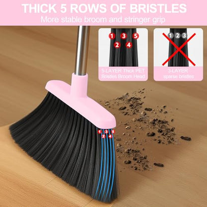 Pink Broom and Dustpan Set for Home, 52-in Long Handle Broom with Dustpan Combo with Dustpan Teeth Easy to Scrape Off Pet Hair, Indoor&Outdoor Sweeping（Pink） - color: Pink&grey