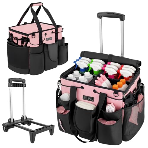 Large Cleaning Caddy for Cleaning Supplies Organizer, Rolling Cleaning Caddy Bags with Wheels for Housekeepers, Cleaning Carts on Wheels for Home Car Office Picnic - color: Black-pink