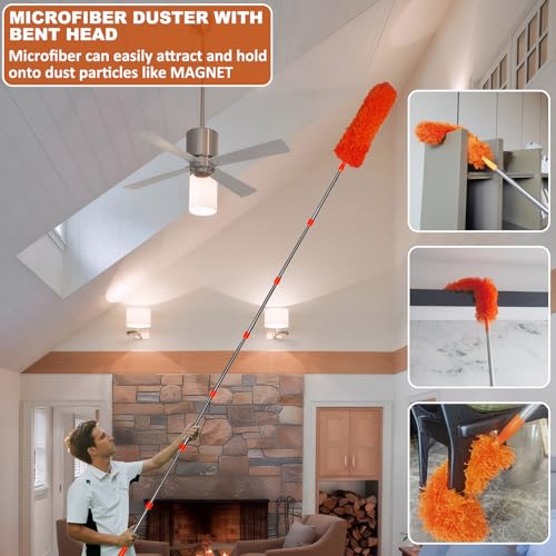20 Ft+ High Reach Cleaning Tool Kit - Microfiber Feather Ceiling Fan Duster & Cobweb Duster with 3-14 ft Spliceable Pole Duster for Cleaning Fan, Spider Web, Ceiling, Blinds, Furniture Clean