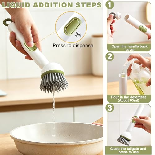 Dish Brush with Soap Dispenser- Kitchen Cleaning Brush, Adjustable Head Scrubber for Pots Pans Sink Cleaning Tool with Handle(Green) - color: Green